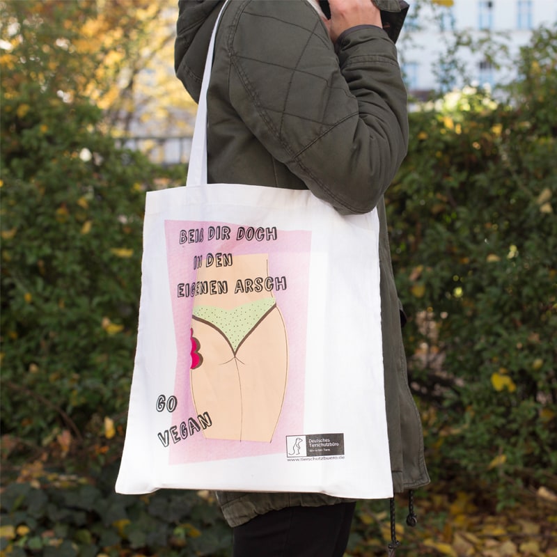 Beutel mit Illustration zum Spruch "Beiß dir doch in den eigenen Arsch"