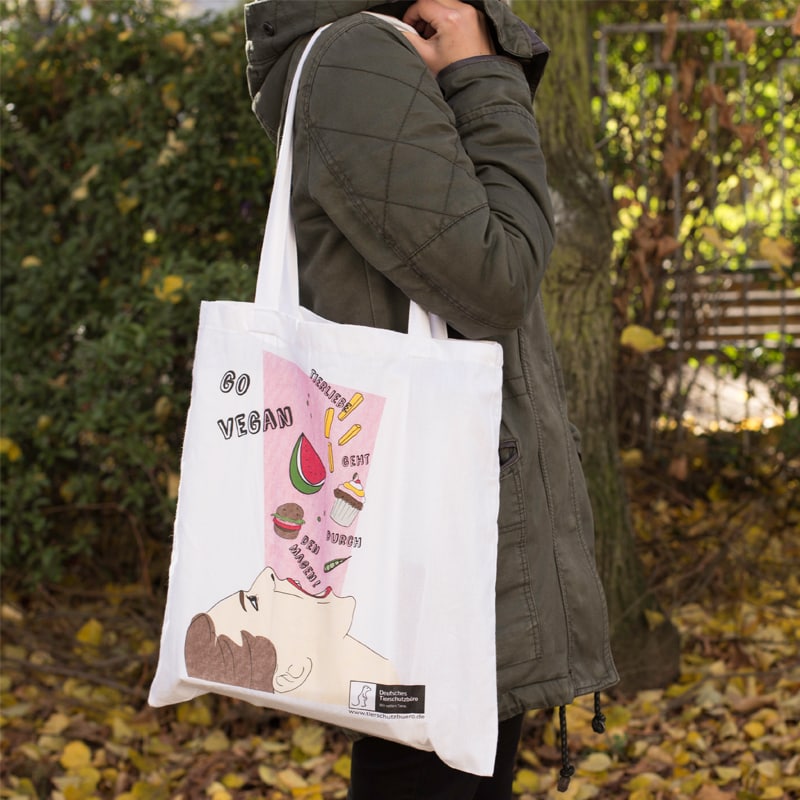 Beutel mit Illustration zum Spruch "Tierliebe geht durch den Magen"